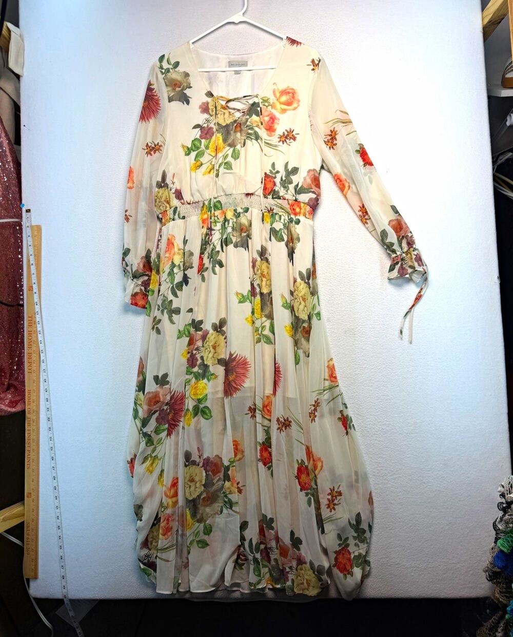 Belle Sky Women’s XL White Floral Chiffon Maxi Dress Lined whimsical romantic￼￼￼